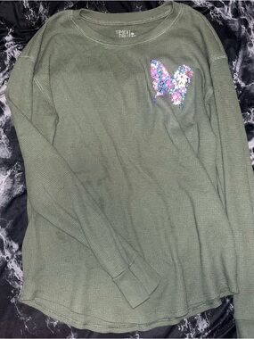 Time and Tru Olive Green Floral Butterfly Waffle Knit Sweater size medium